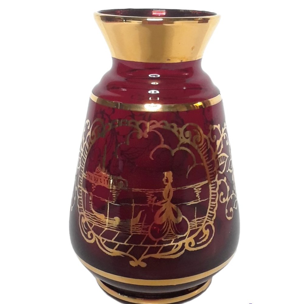 Vintage Cranberry Red Mini Vase with Gold Etching